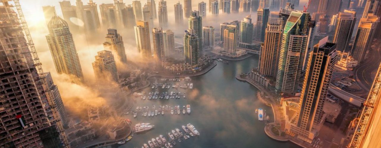 Dubai Marina with colorful sunset in Dubai, United Arab Emirates
