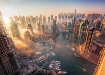 Dubai Marina with colorful sunset in Dubai, United Arab Emirates