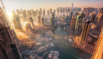 Dubai Marina with colorful sunset in Dubai, United Arab Emirates